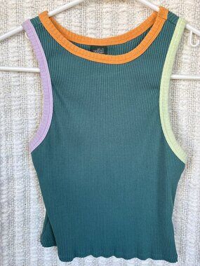 Wild Fable XS Ribbed Green Tank Top with Pastel Green, Orange, and Lilac Trim